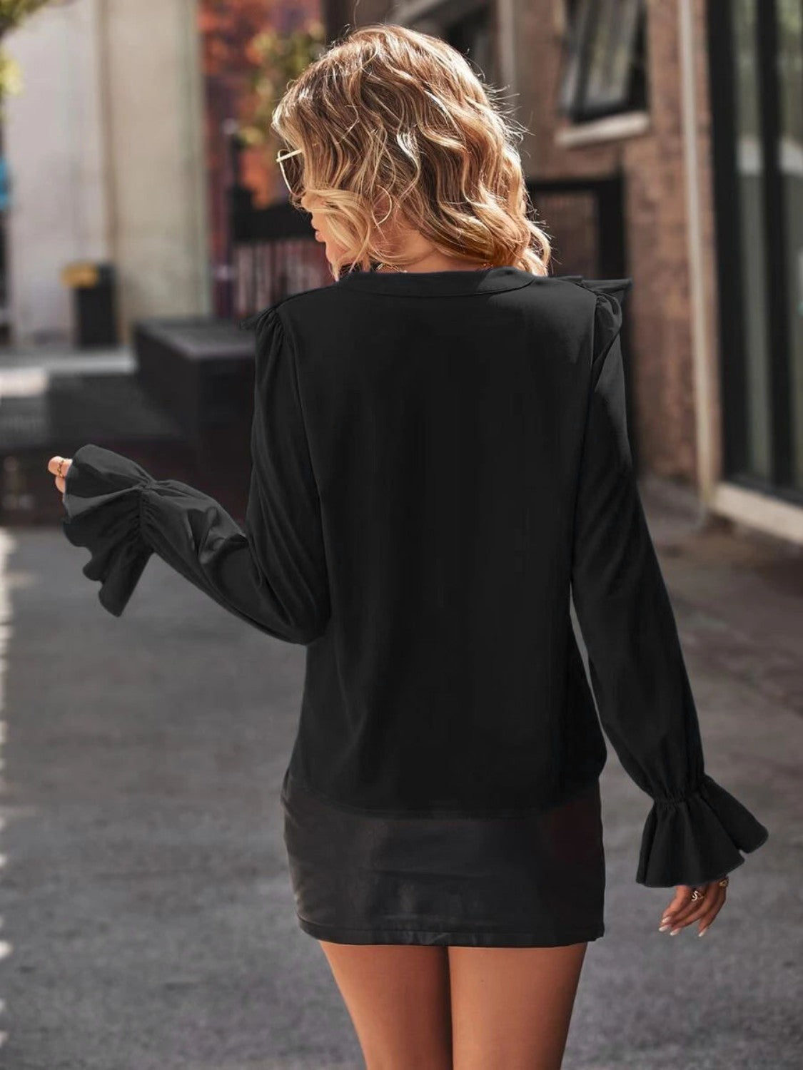 Ruffled V-Neck Flounce Sleeve Blouse