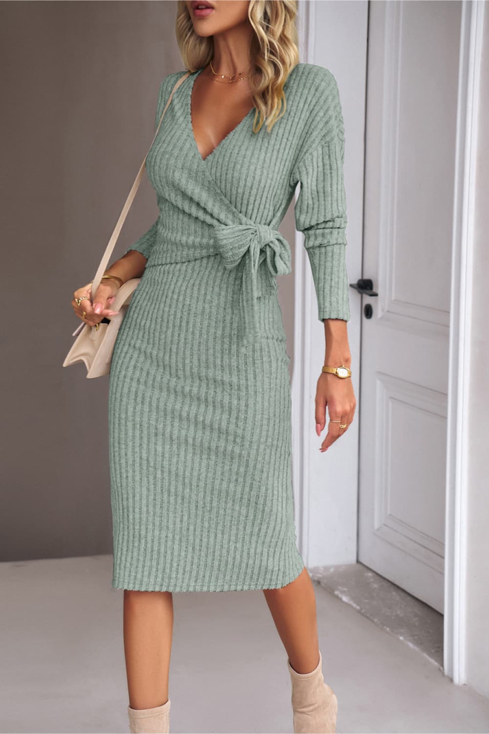 Faux Wrap Tie Ribbed Dress