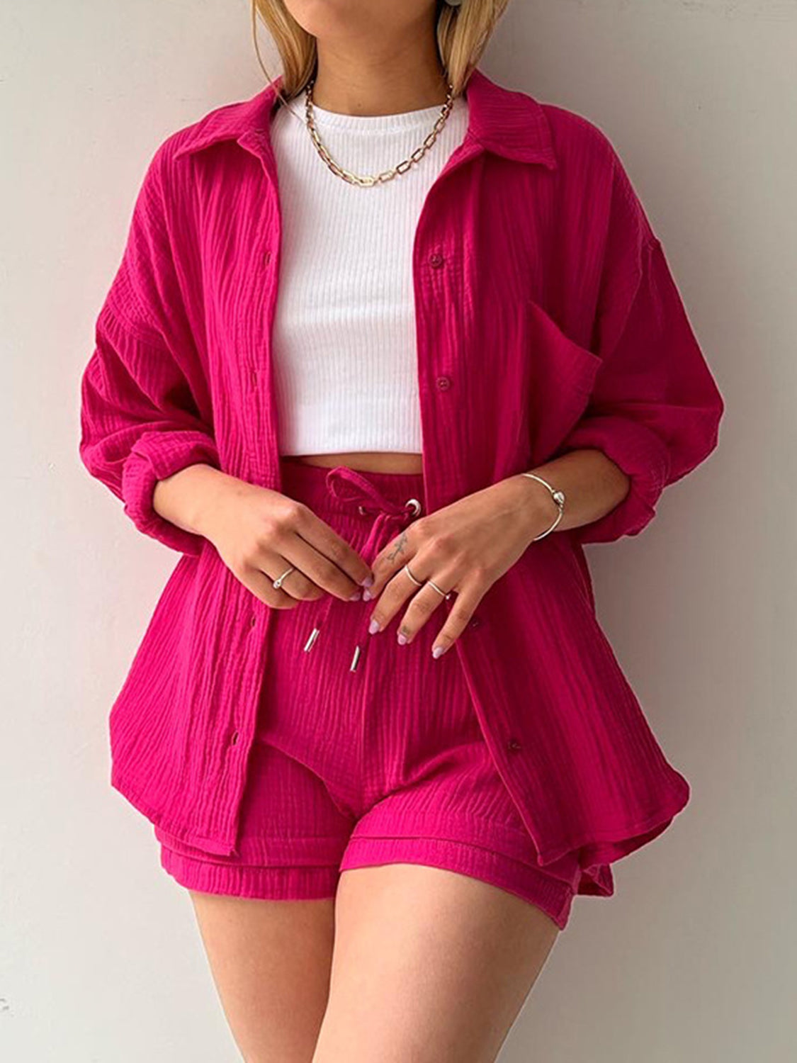 Textured Shirt and Drawstring Shorts Set