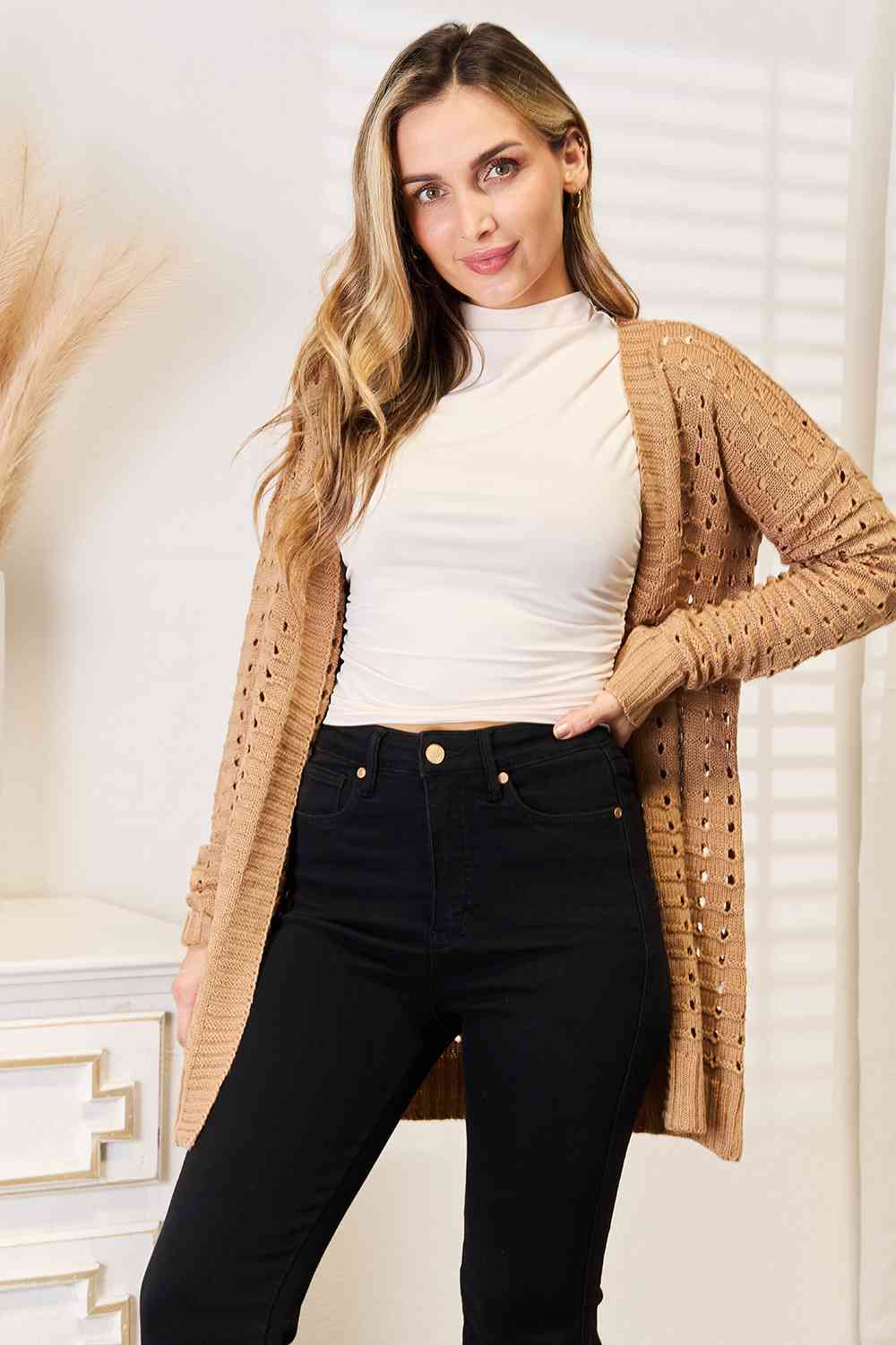 Openwork Ribbing Open Front Cardigan