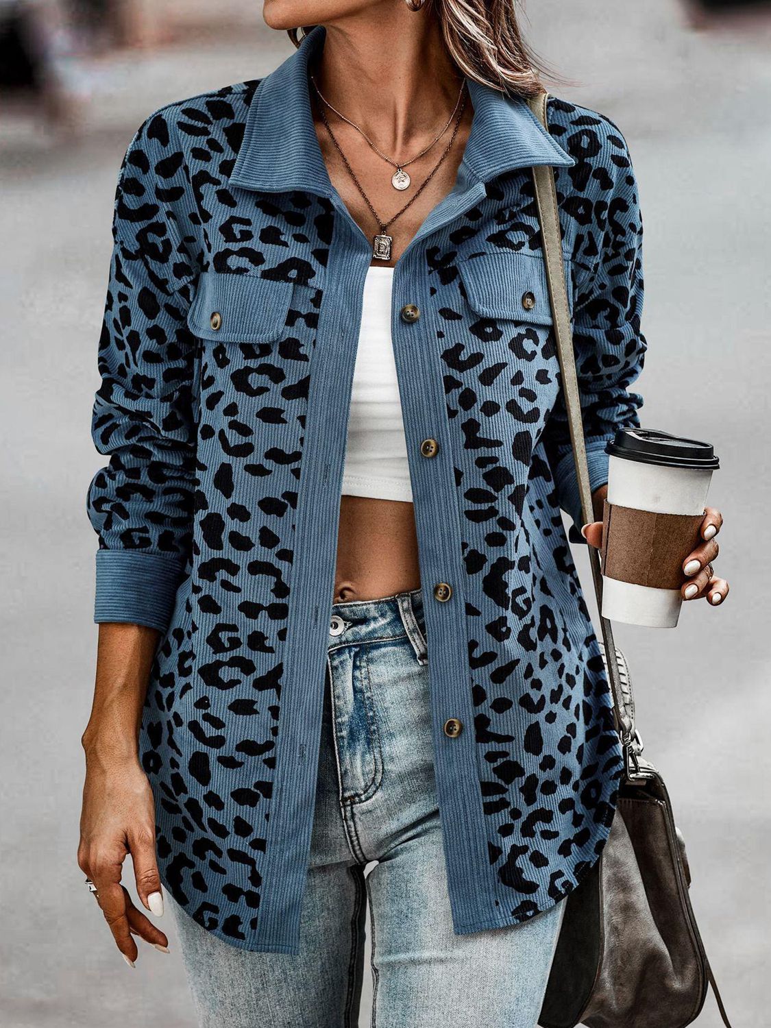 Leopard Print Corduroy Contrast Jacket