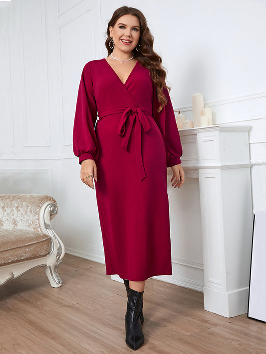 Burgundy Surplice Neck Tie Waist Dress