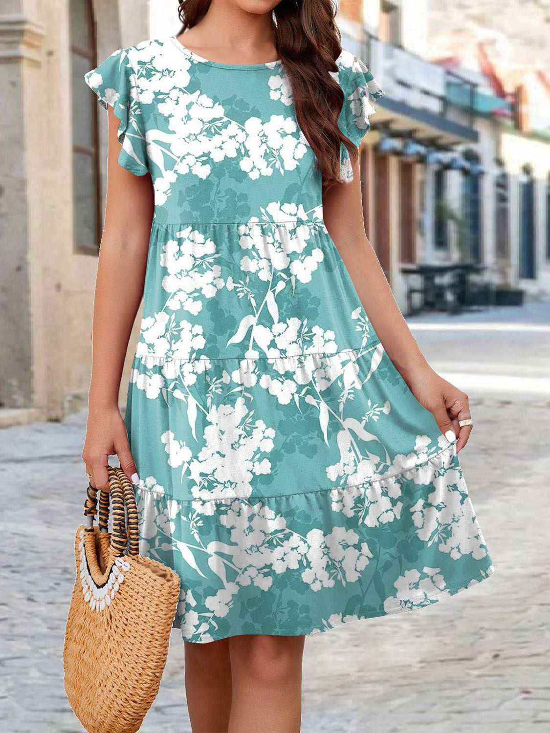 Floral Print Round Neck Tiered Dress