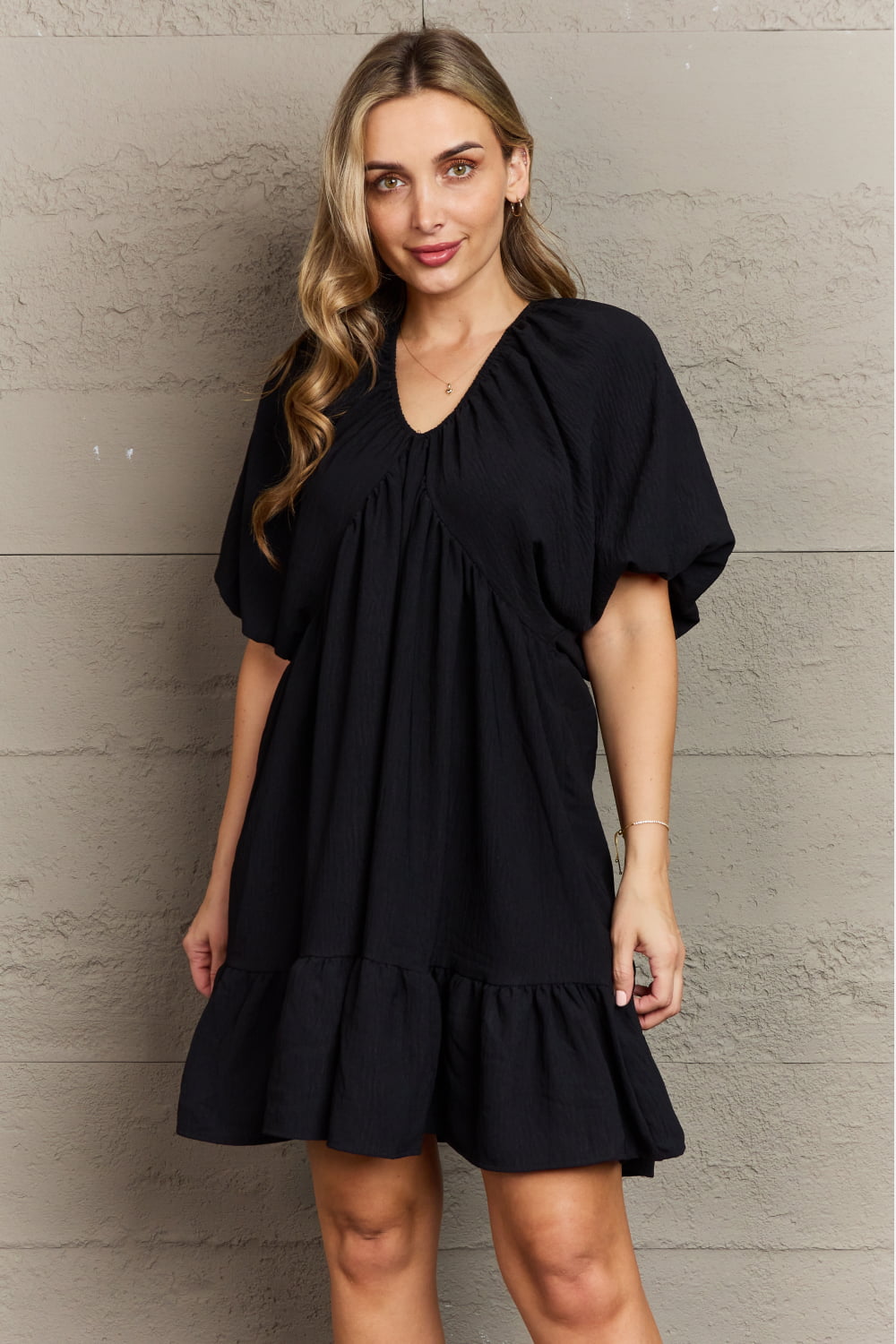 Black V-Neck Puff Sleeve Mini Dress