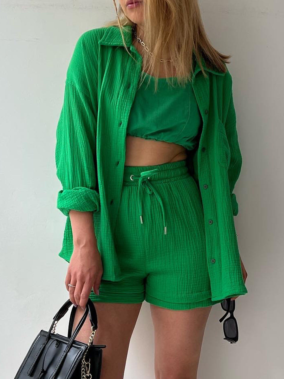 Textured Shirt and Drawstring Shorts Set