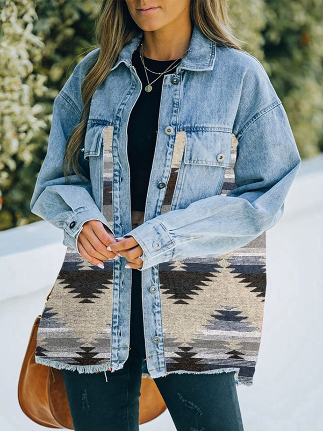 Geometric Print Accented Denim Jacket