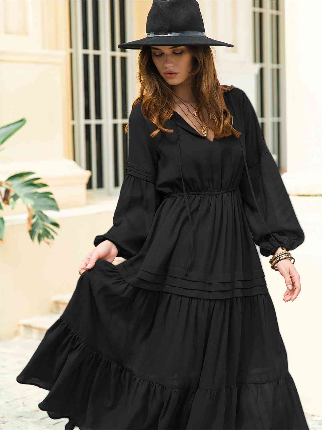 Tie Neck Long Sleeve Black Midi Dress