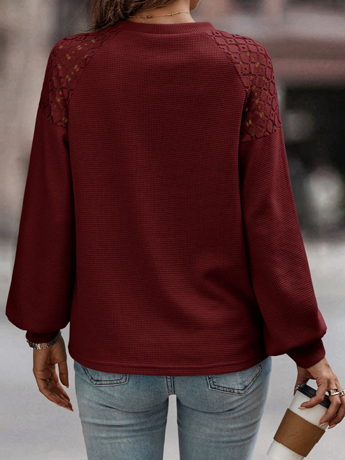 Lantern Sleeve Openwork Shoulder Blouse