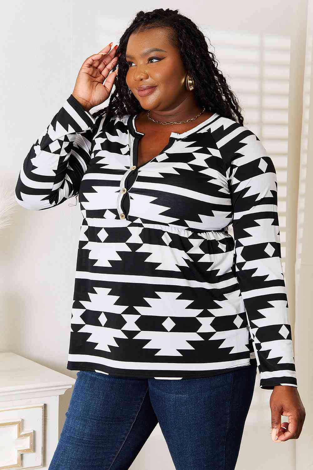 Black & White Notched Neck Long Sleeve Top