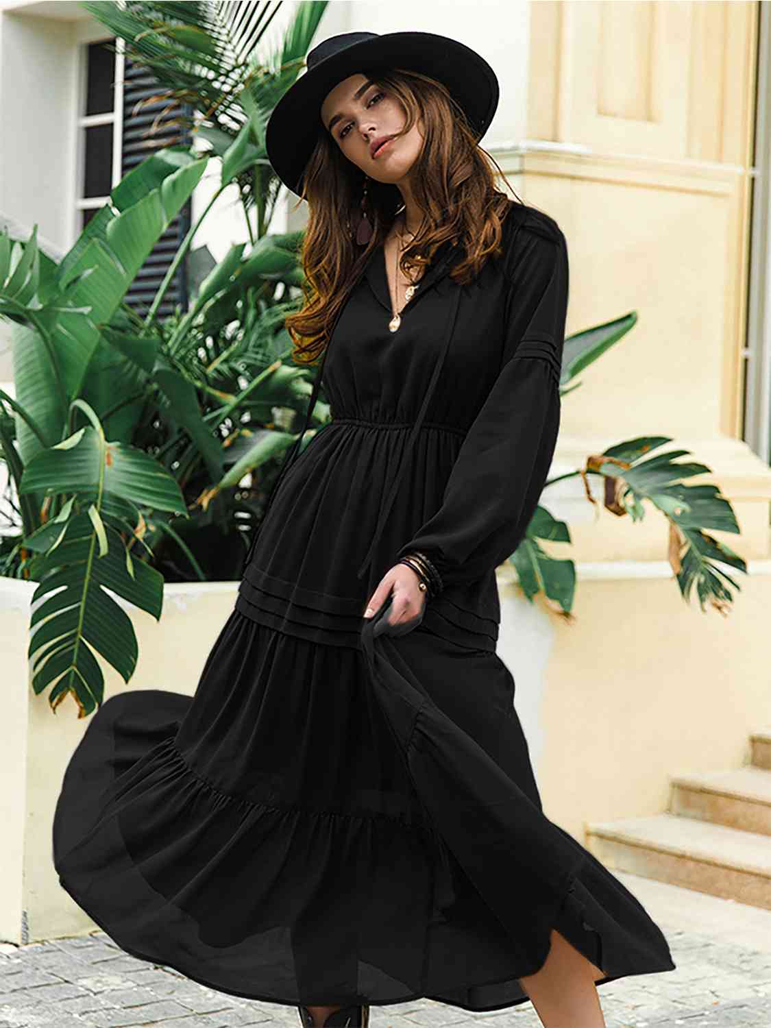 Tie Neck Long Sleeve Black Midi Dress