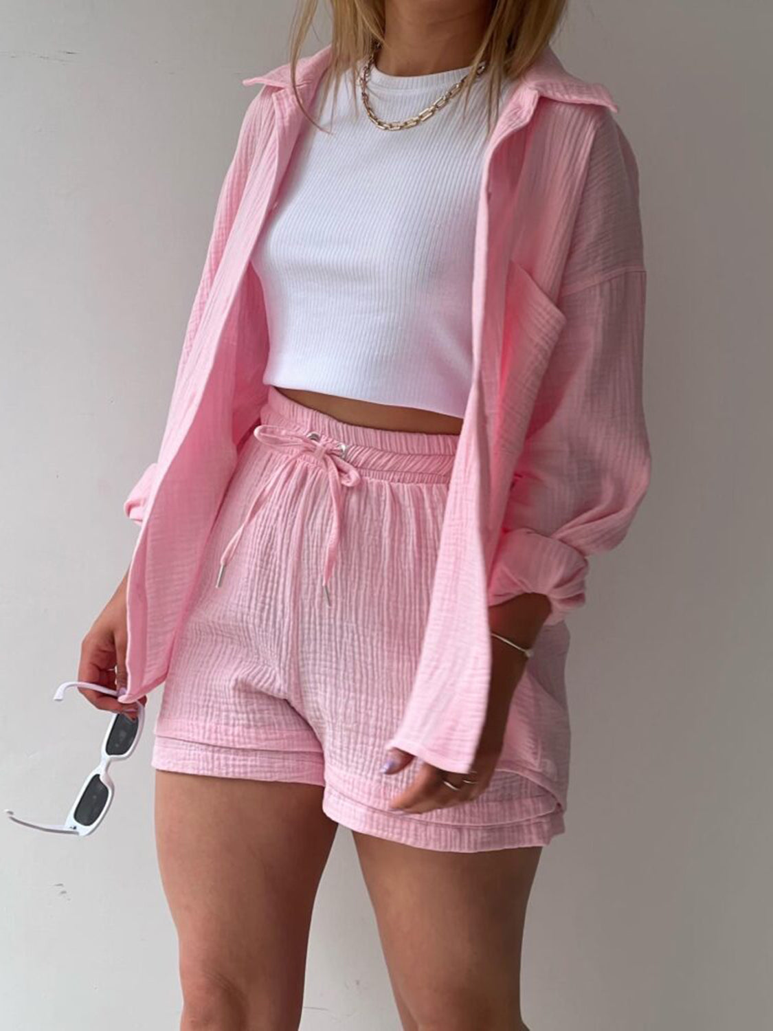 Textured Shirt and Drawstring Shorts Set