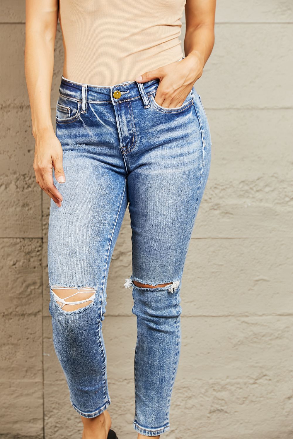 Cropped Mid Rise Distressed Skinny Jeans