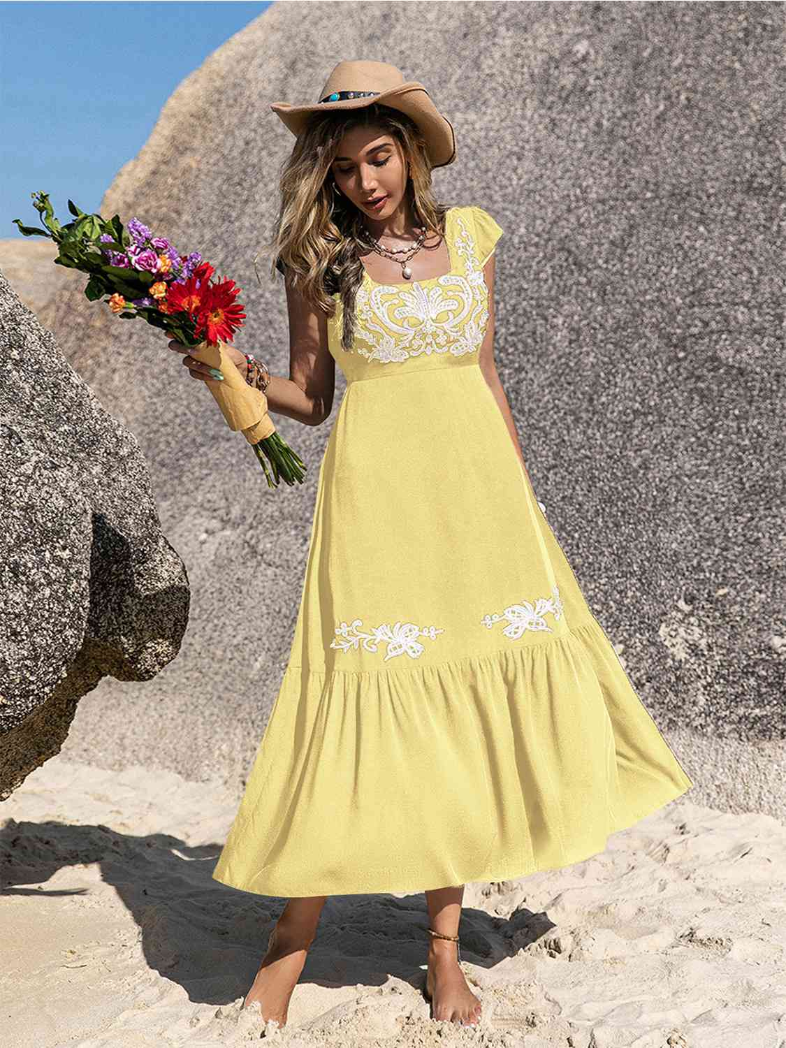 Embroidered Square Neck Midi Dress