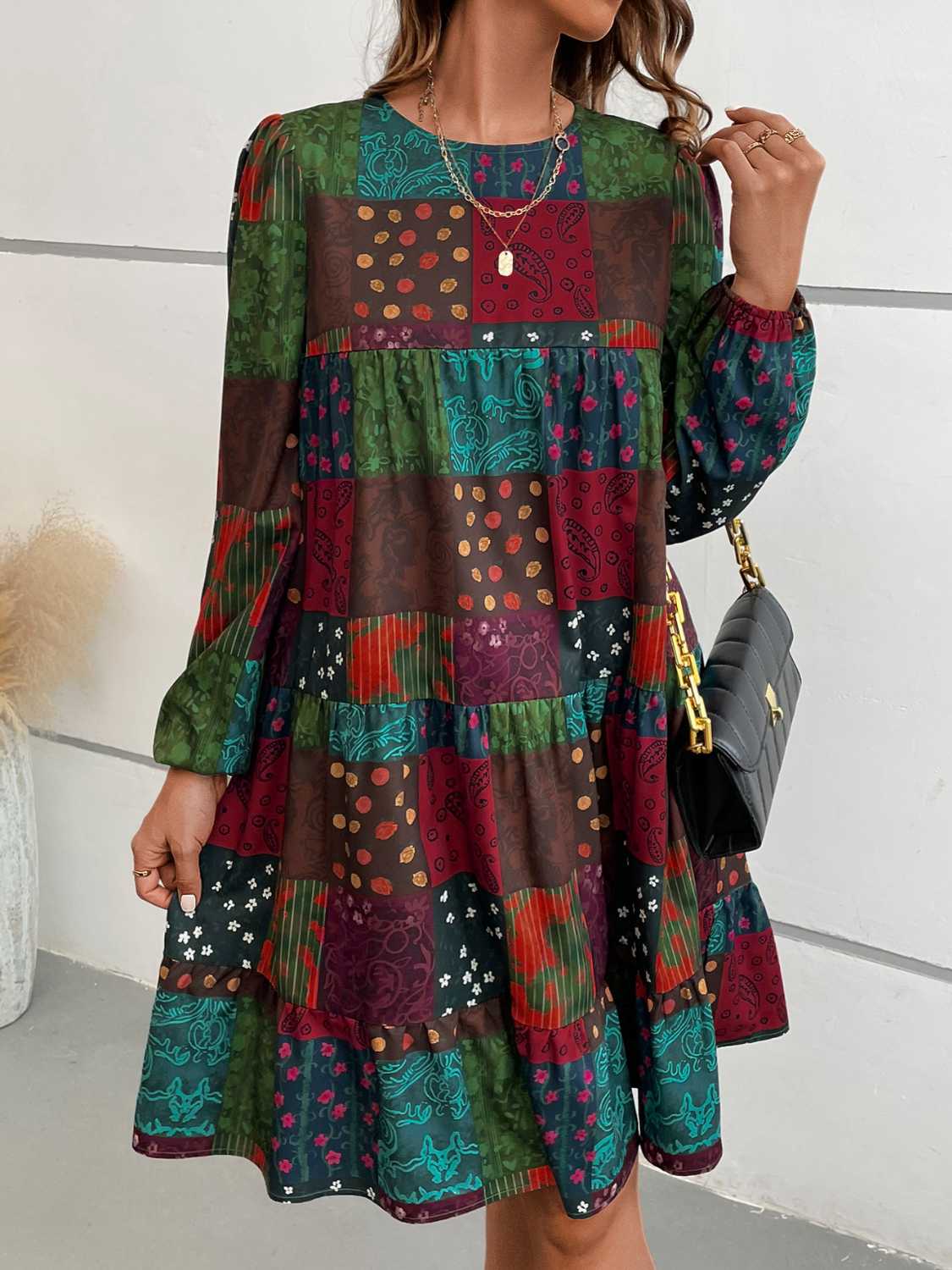 Patchwork Long Sleeve Mini Dress