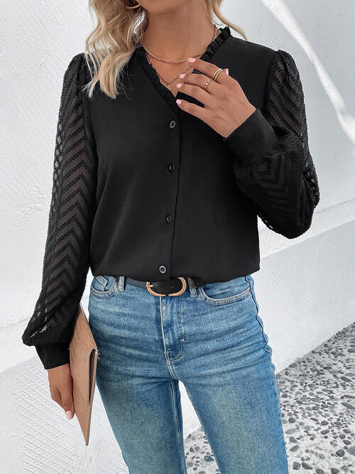 Black Mesh V-Neck Blouse