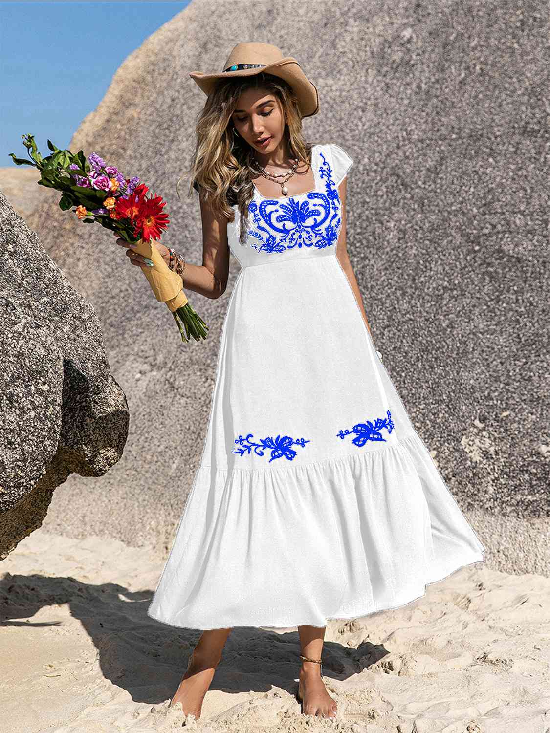 Embroidered Square Neck Midi Dress