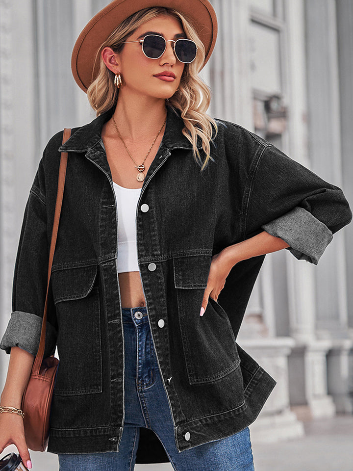 Large Pocketed Dropped Shoulder Denim Jacket