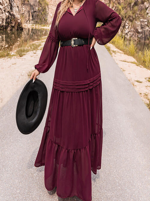 Tie Neck Long Sleeve Maxi Tiered Dress