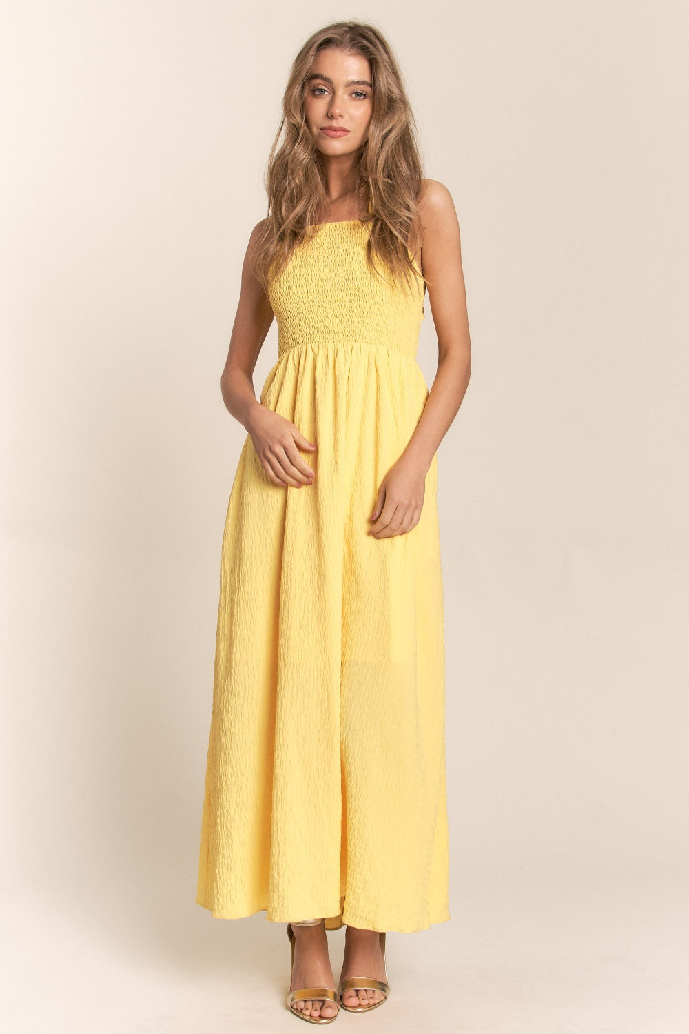 Yellow Crisscross Back Tie Smocked Maxi Dress