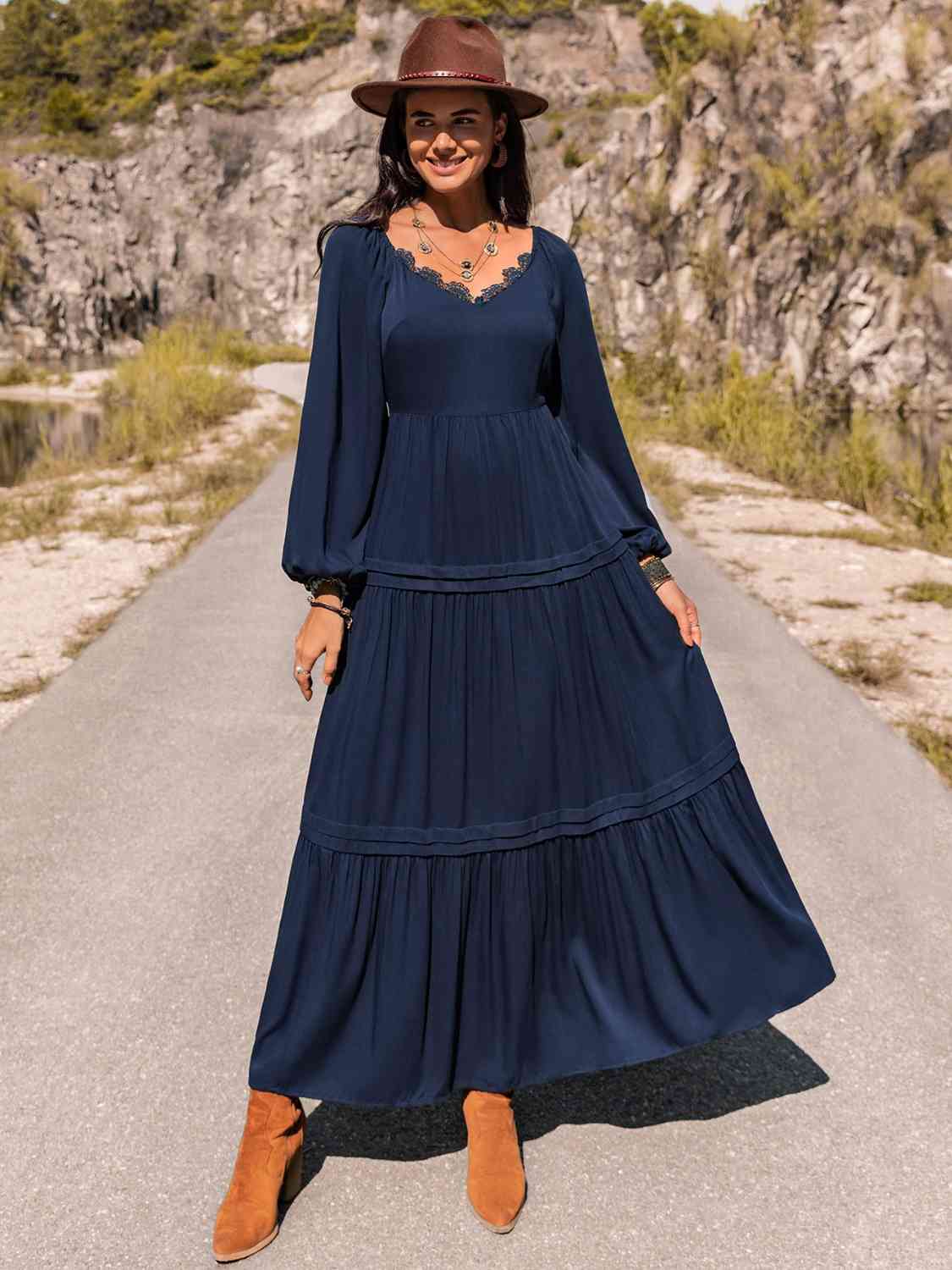 Navy Lace Trim Maxi Dress