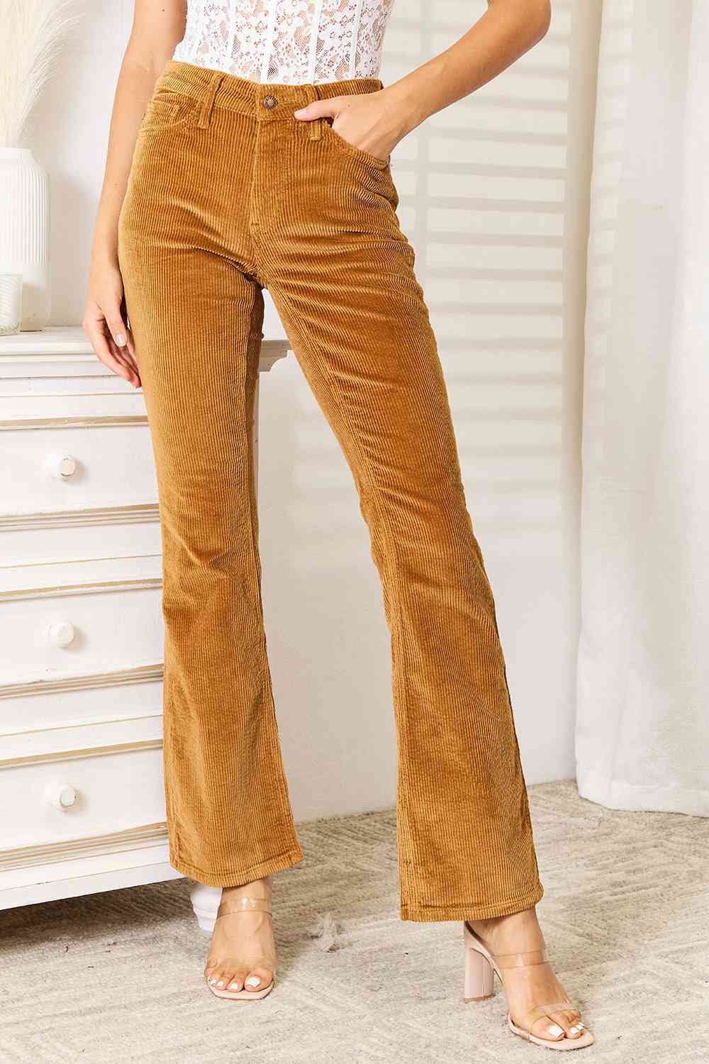 Camel Mid Rise Corduroy Bootcut Pants