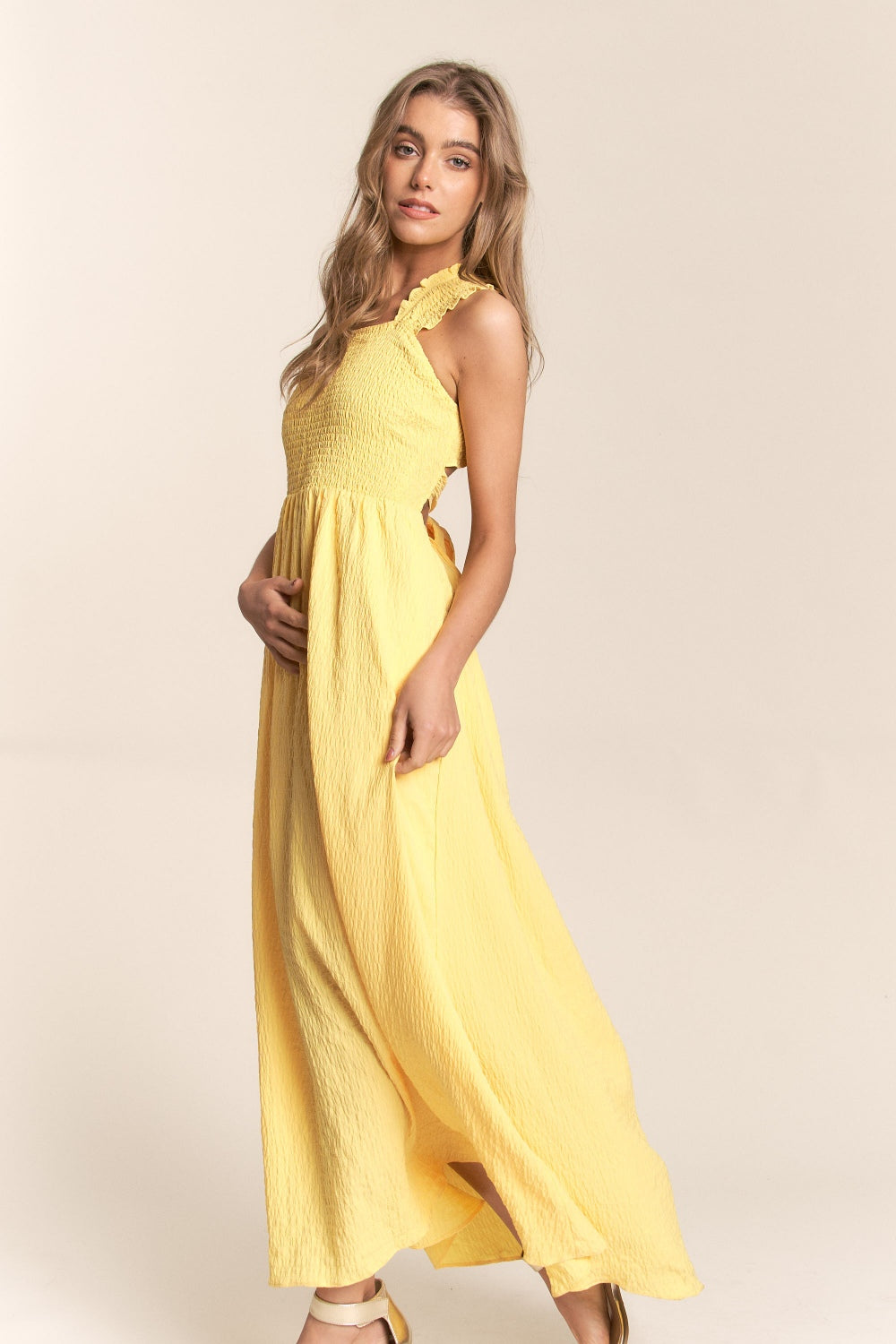 Yellow Crisscross Back Tie Smocked Maxi Dress