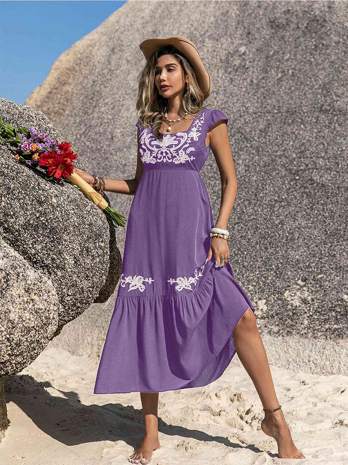 Embroidered Square Neck Midi Dress