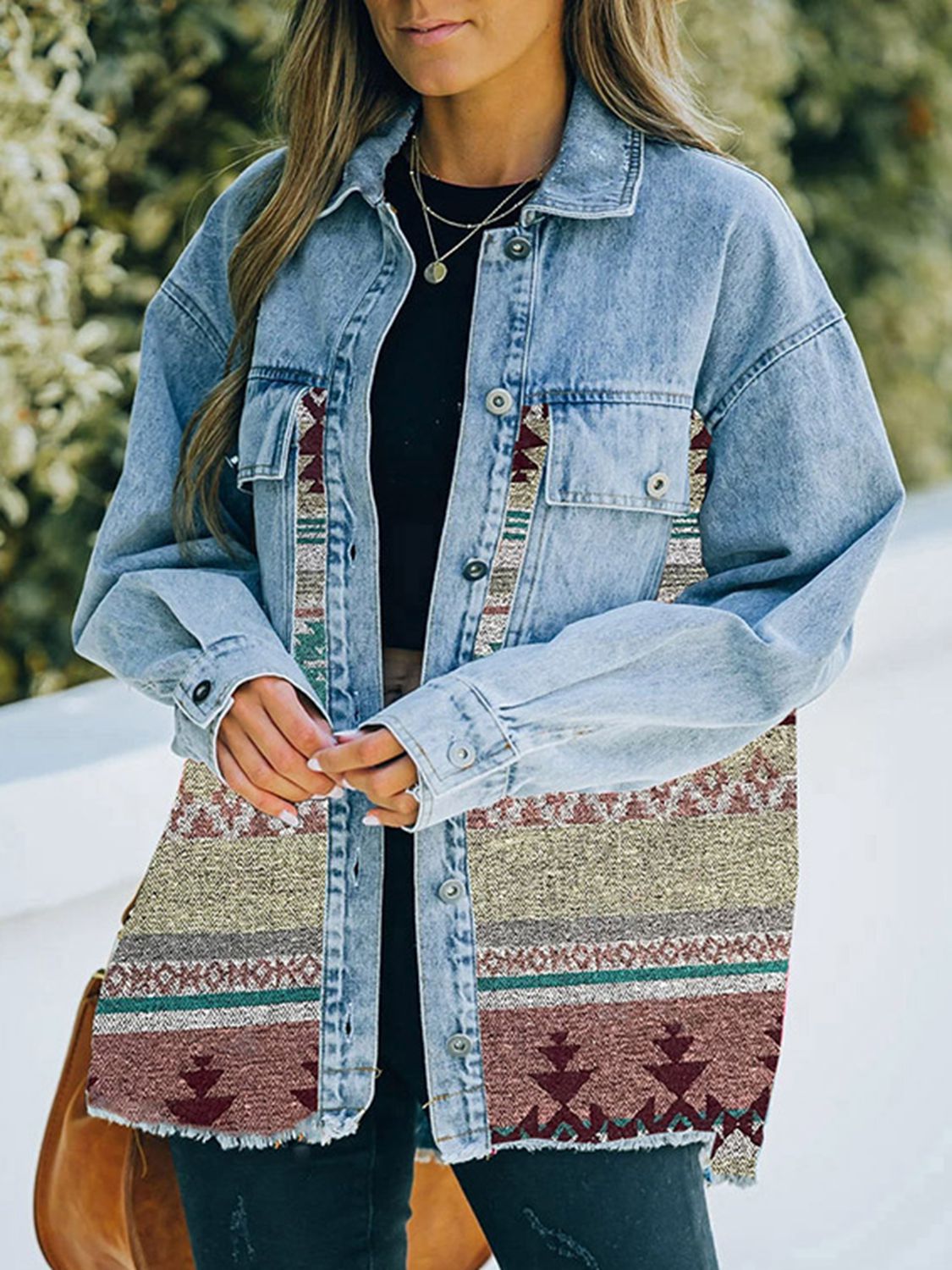 Geometric Print Accented Denim Jacket