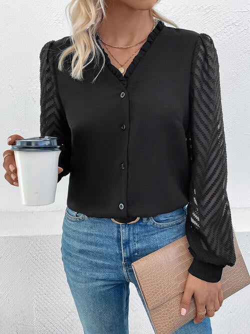 Black Mesh V-Neck Blouse