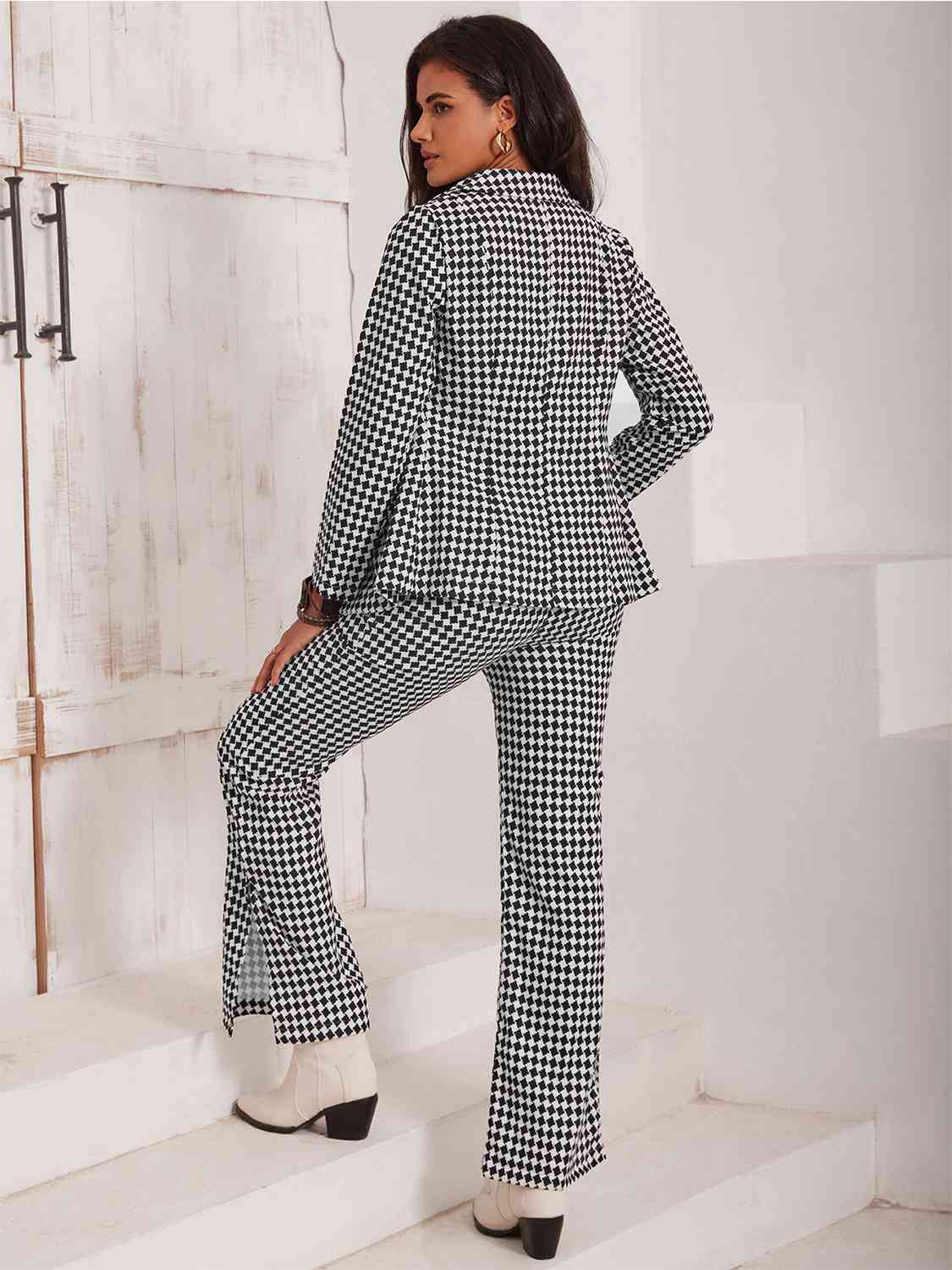 Micro Checkered Blazer & Slit Pants Set