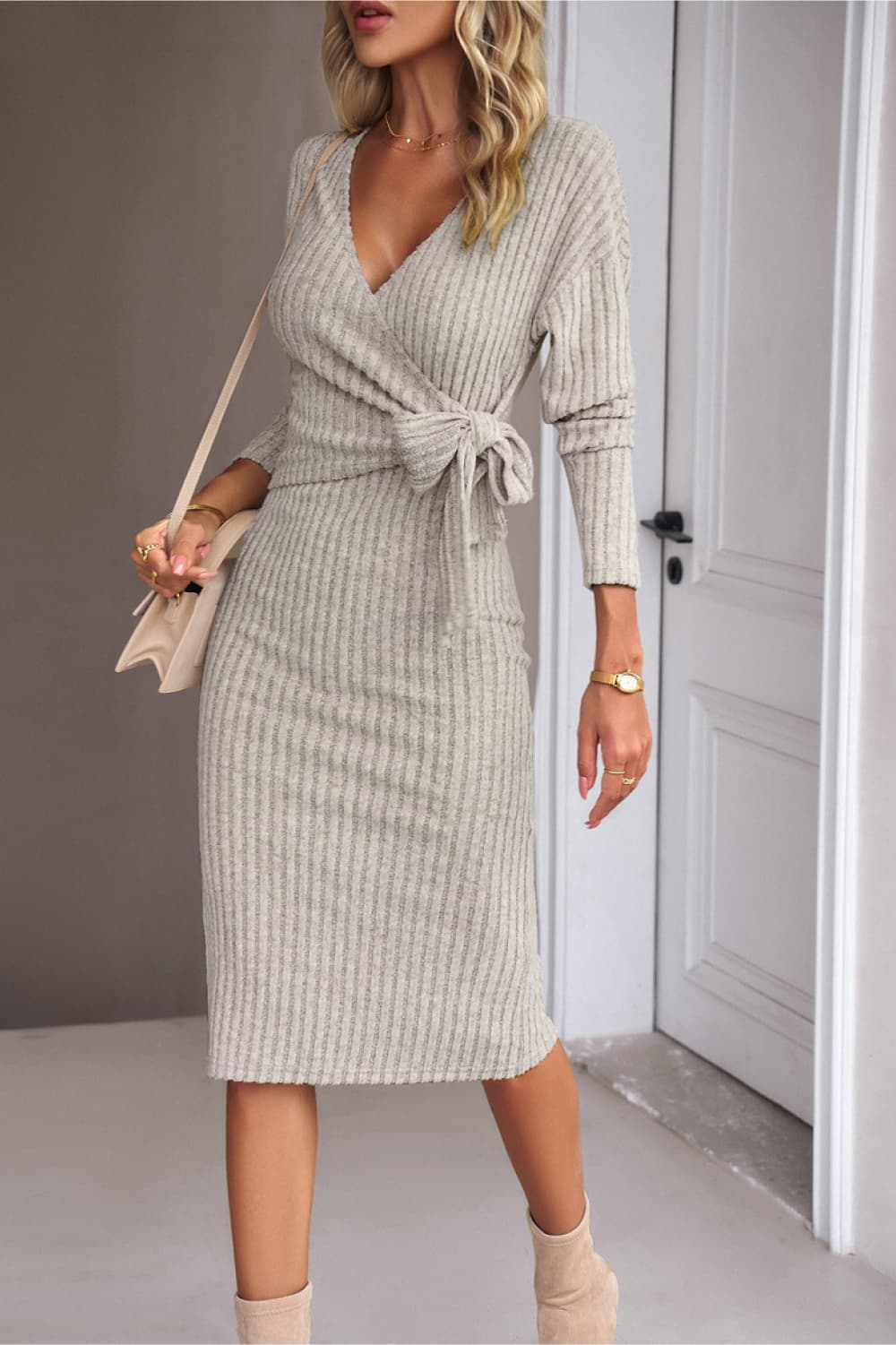 Faux Wrap Tie Ribbed Dress