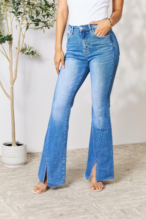 Med Blue Slit Flare Jeans