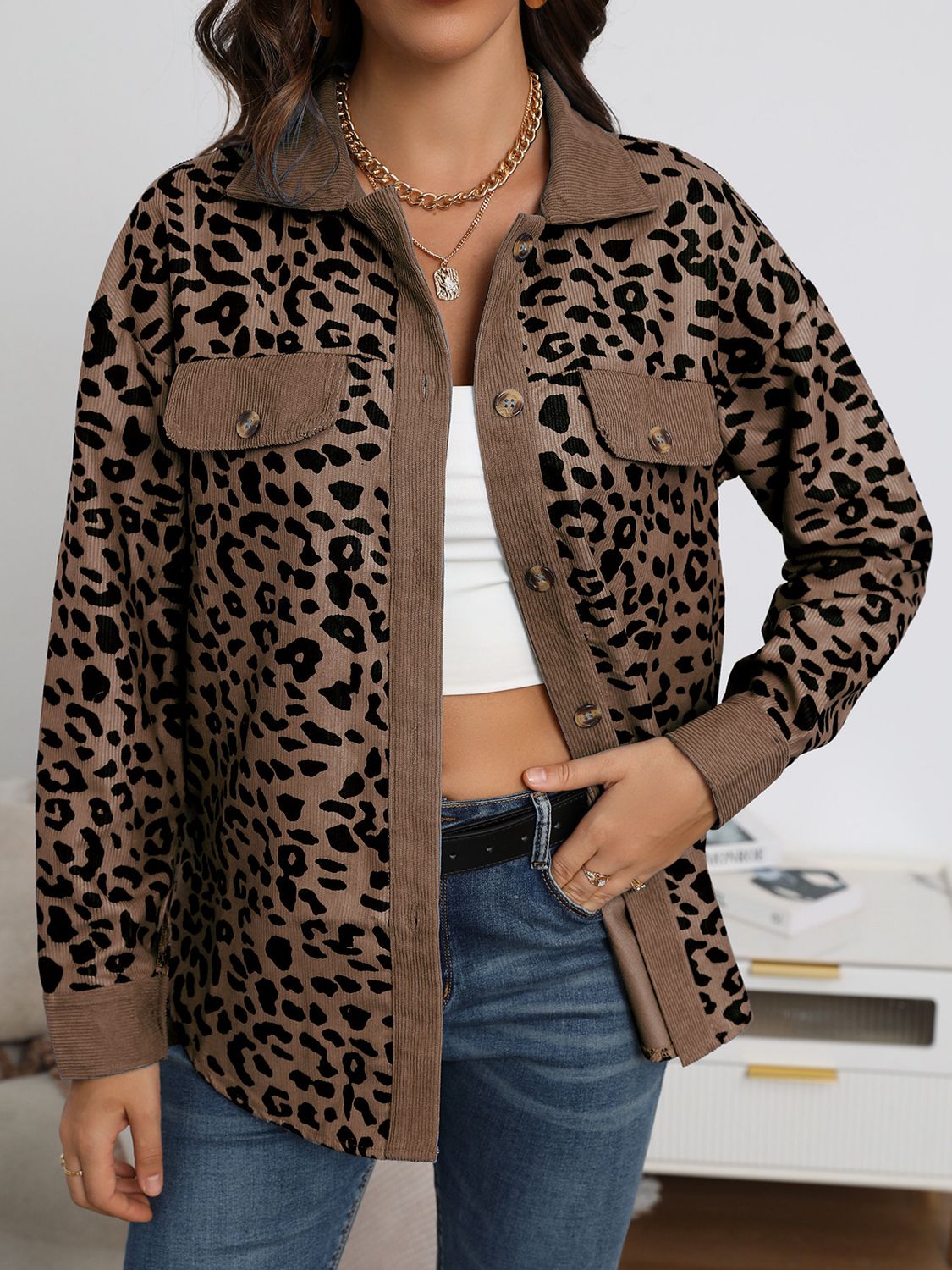 Leopard Print Corduroy Contrast Jacket