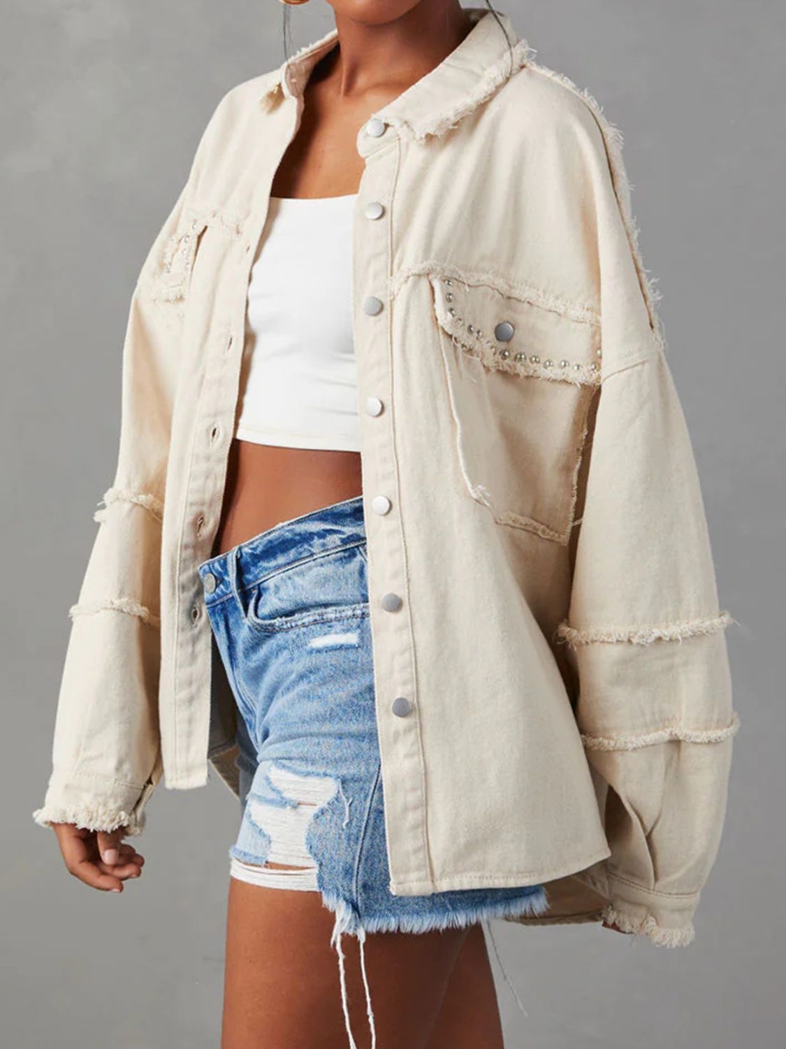 Studded Accent Raw Hem Denim Jacket