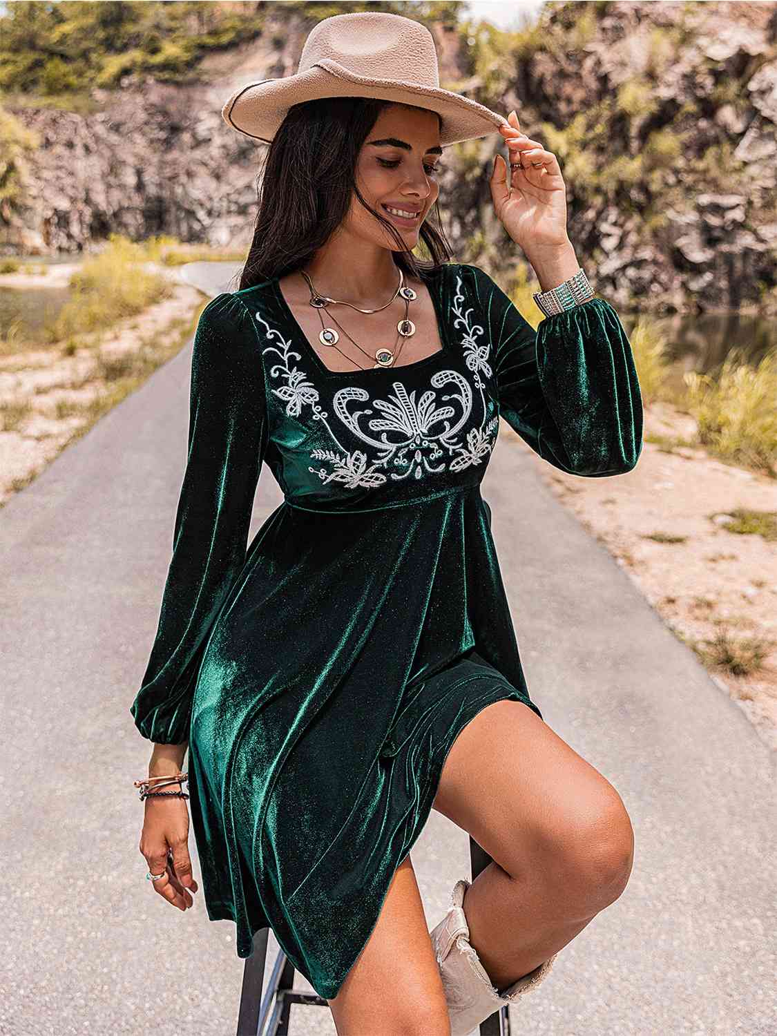 Embroidered Front Square Neck Mini Dress