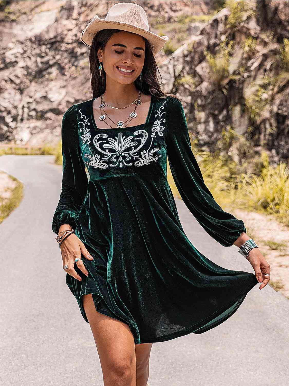 Embroidered Front Square Neck Mini Dress