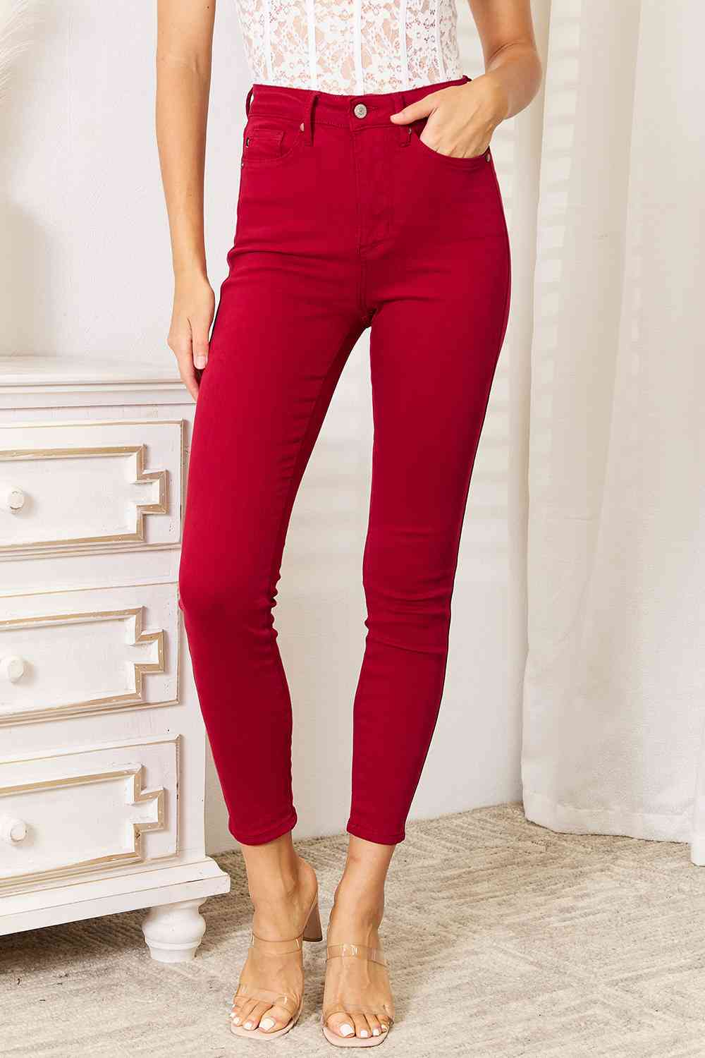 Dark Red High Waist Tummy Control Skinny Jeans