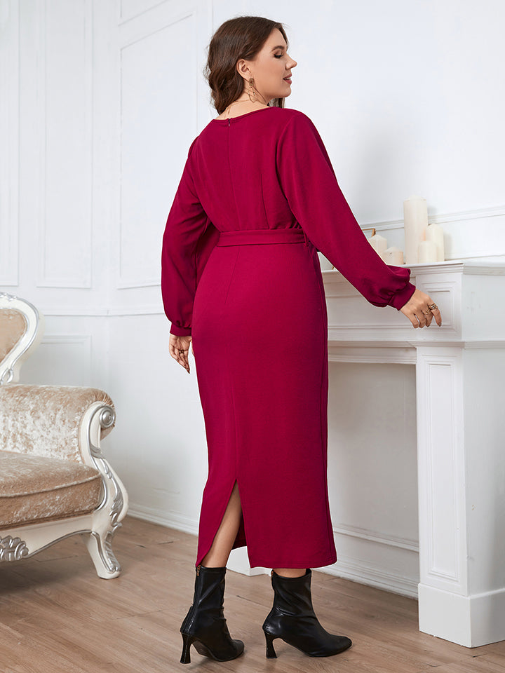 Burgundy Surplice Neck Tie Waist Dress