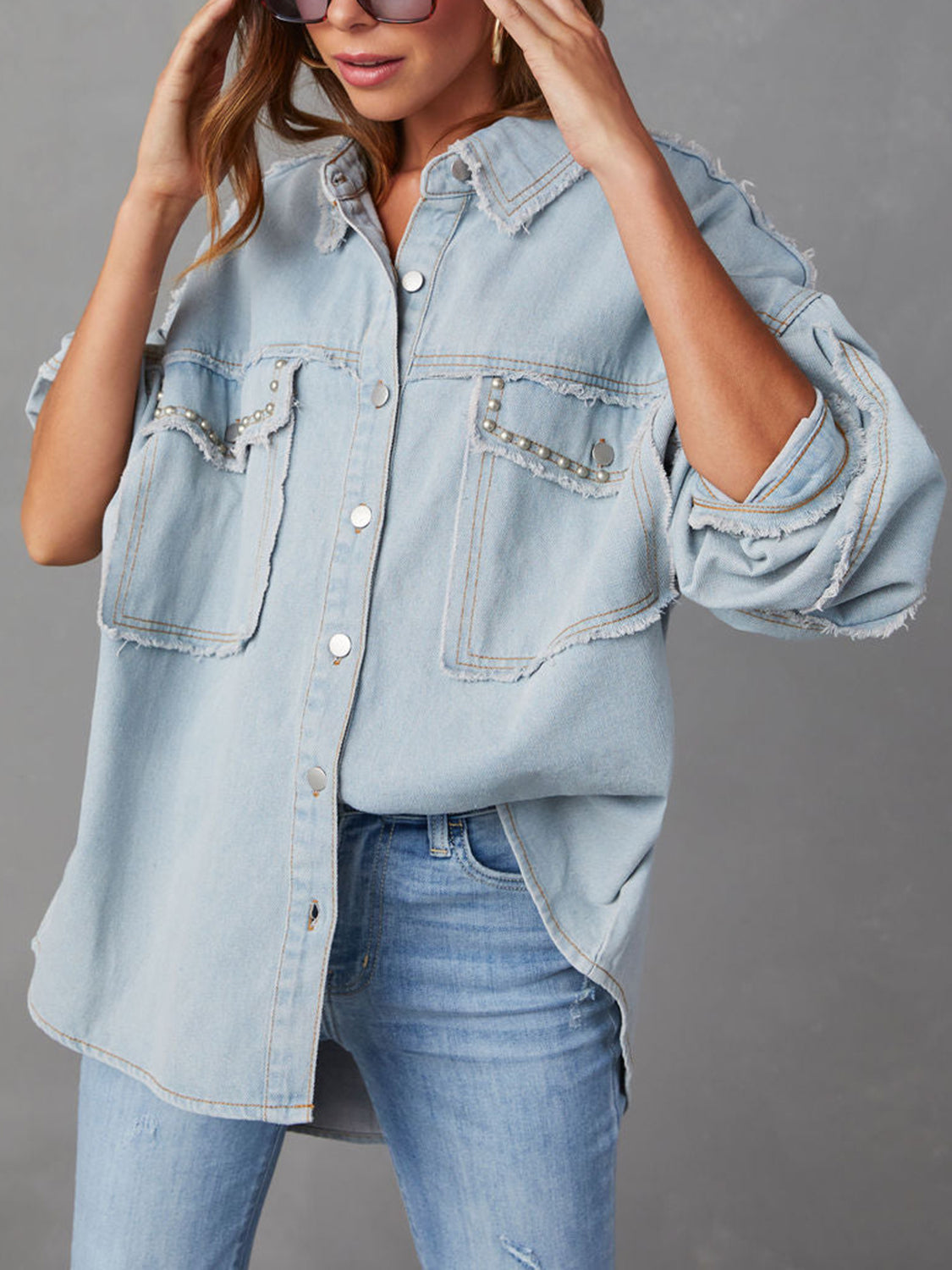 Studded Accent Raw Hem Denim Jacket