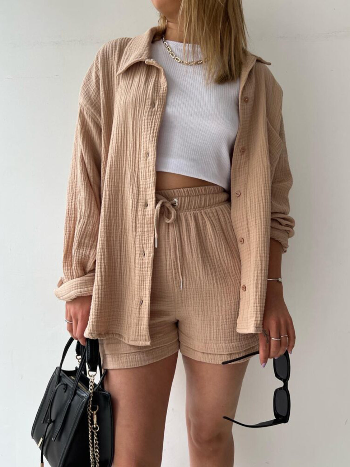 Textured Shirt and Drawstring Shorts Set