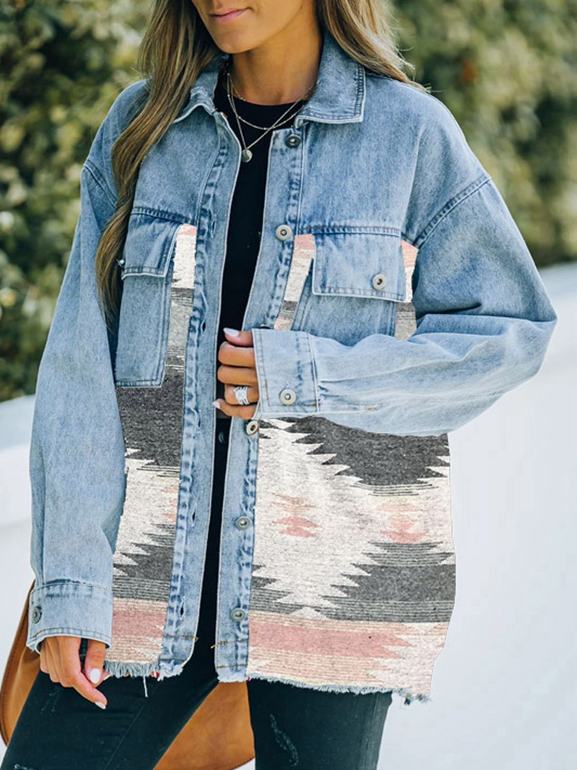 Geometric Print Accented Denim Jacket