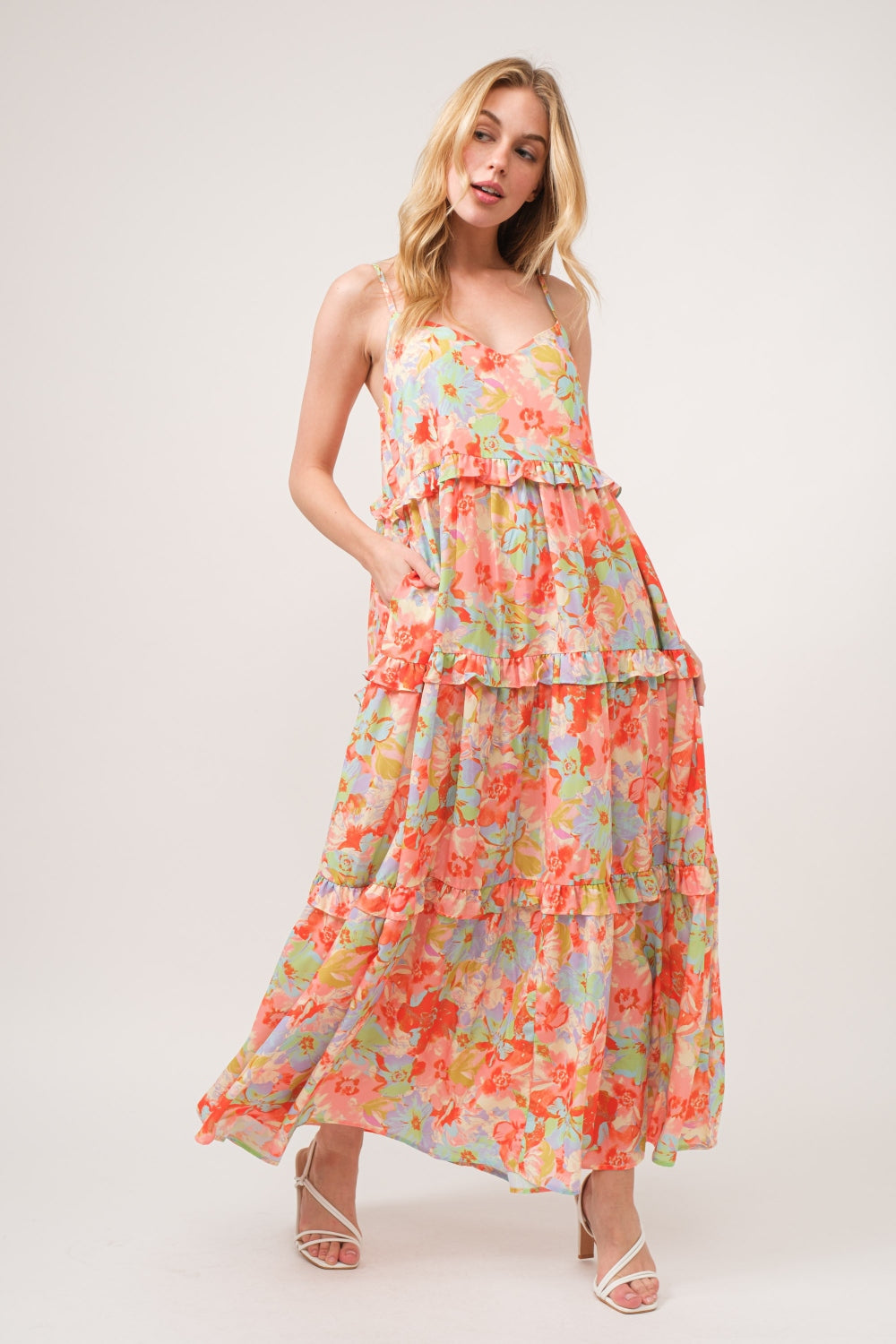 Coral Floral Ruffled Tiered Maxi Dress