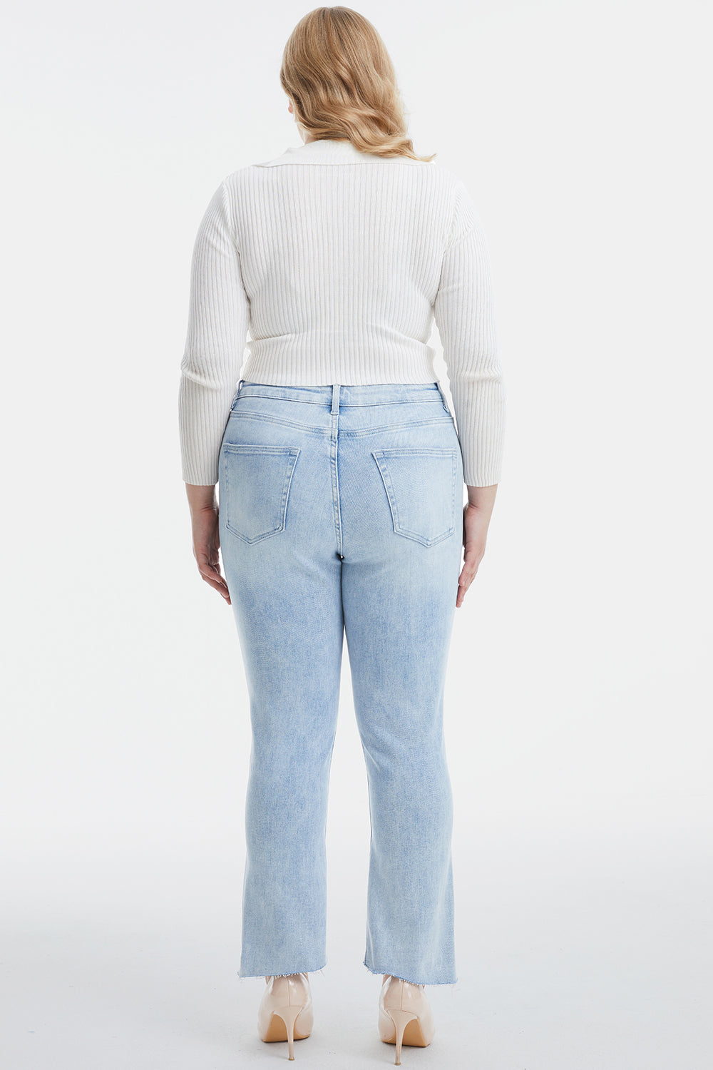 Light Wash High Waist Raw Hem Straight Jeans