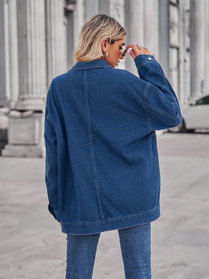 Large Pocketed Dropped Shoulder Denim Jacket