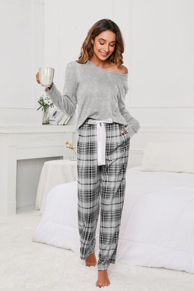 Long Sleeve Top & Plaid Pants Lounge Set