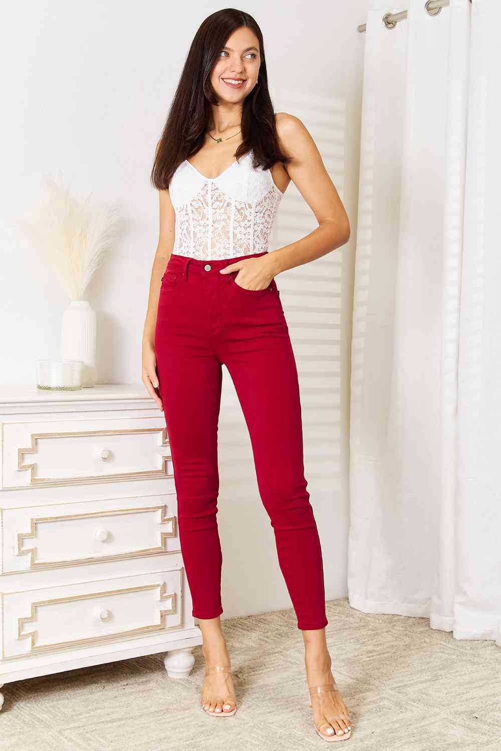 Dark Red High Waist Tummy Control Skinny Jeans