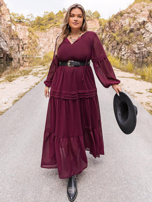 Tie Neck Long Sleeve Maxi Tiered Dress