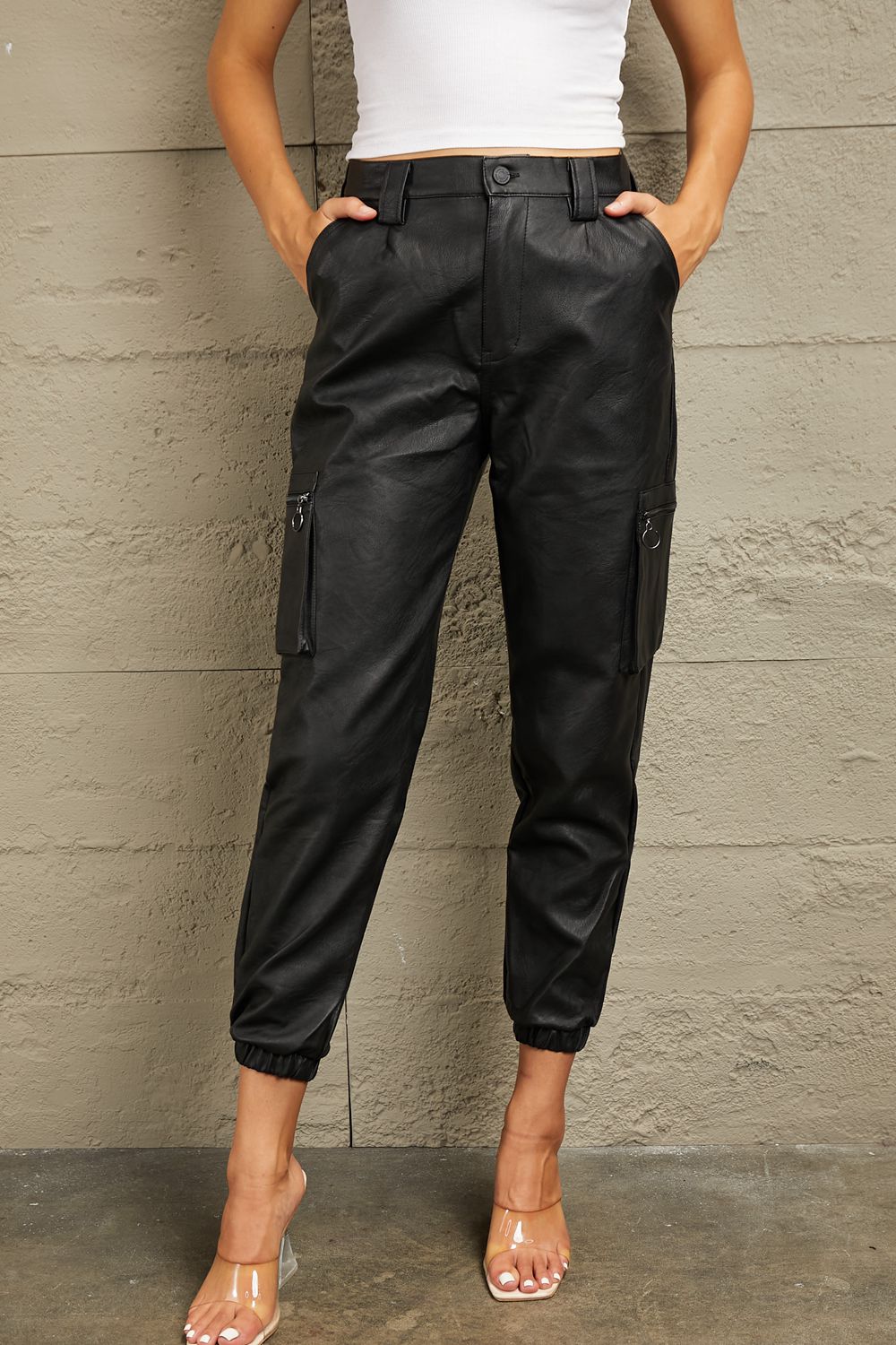 Black High Rise Leather Joggers