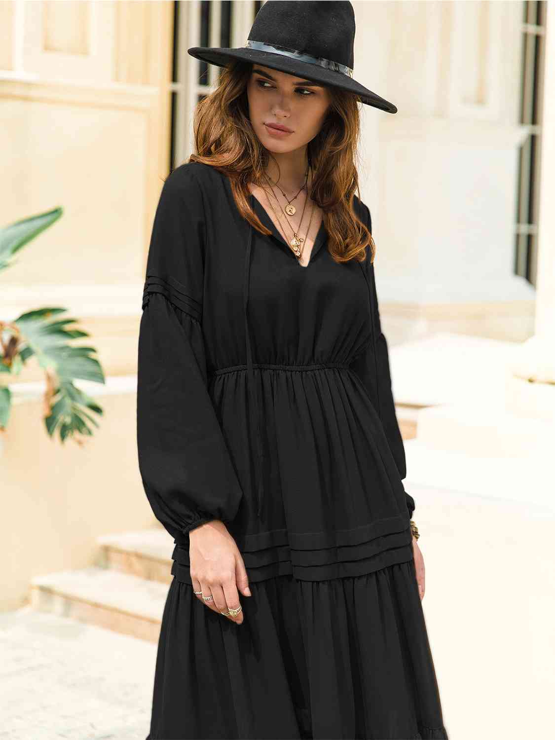 Tie Neck Long Sleeve Black Midi Dress