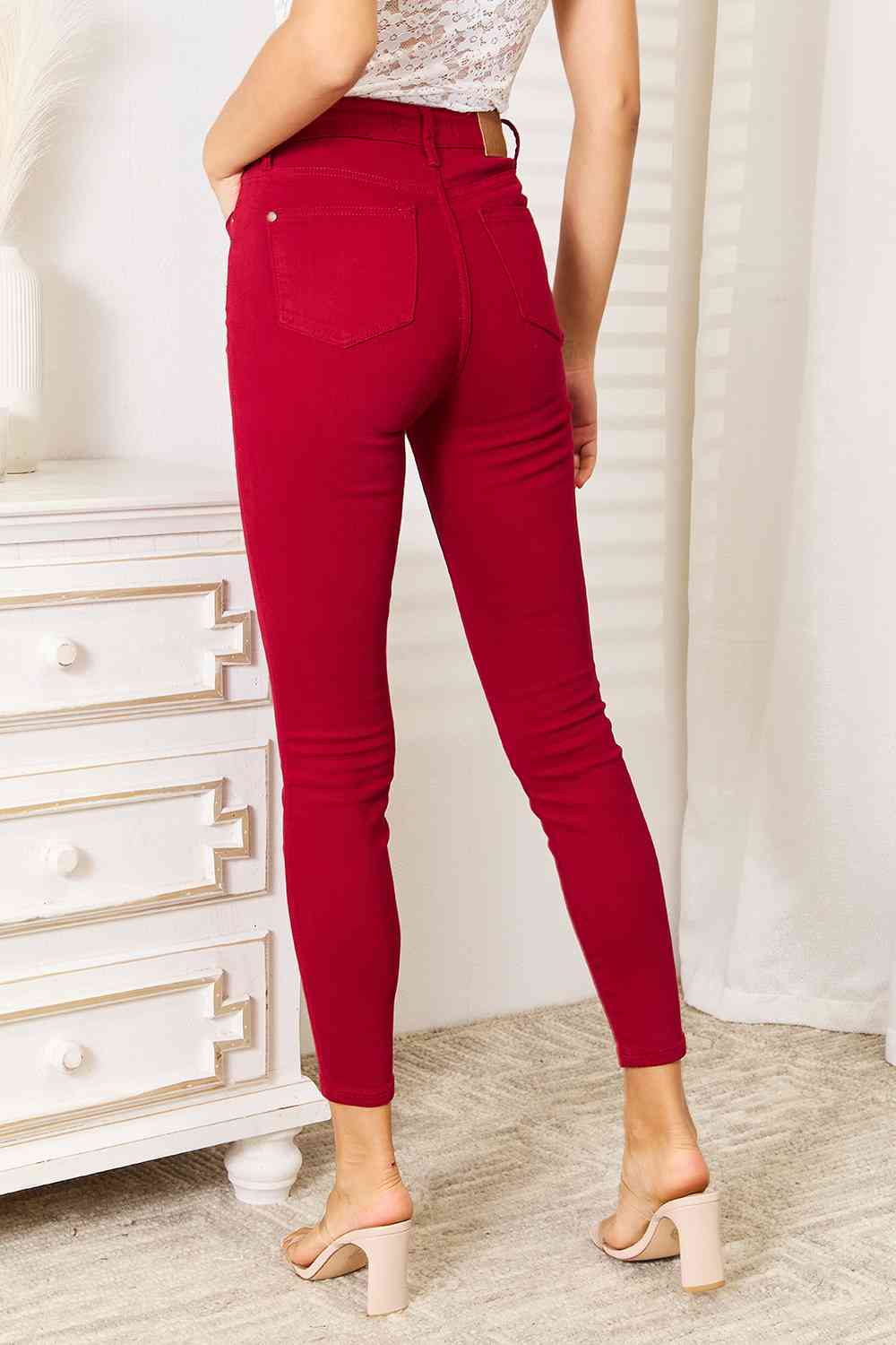 Dark Red High Waist Tummy Control Skinny Jeans